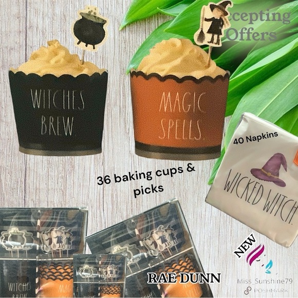 RAE DUNN NEW - 36 baking cups & picks witches brews & magic spells w/ napkins - Picture 1 of 5